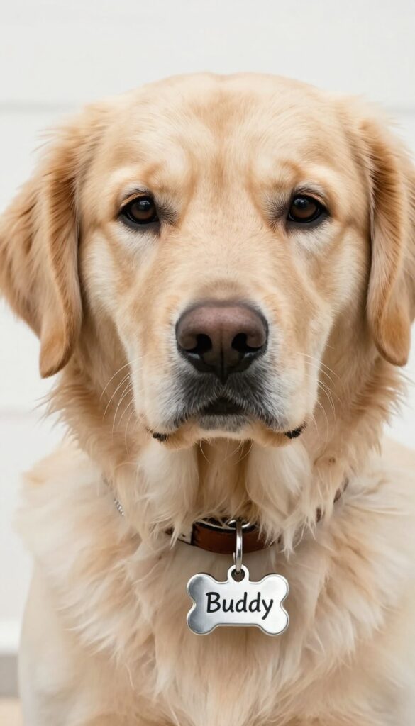 Golden retriever wearing a personalized bone-shaped name tag on a leather collar.
