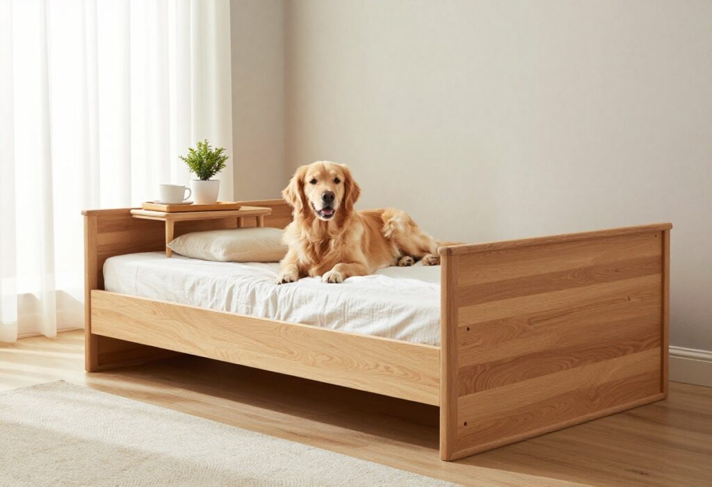 Dog crate styled as a side table in a living room with a golden retriever resting inside