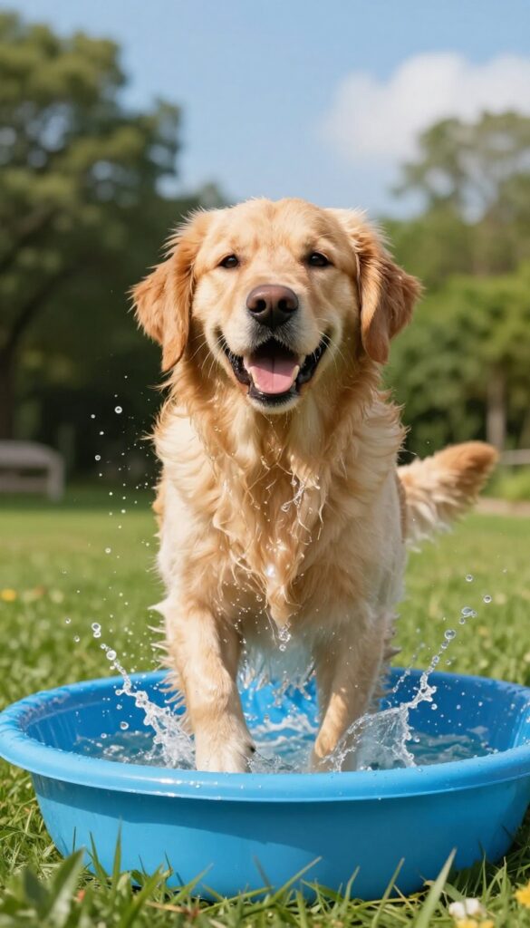 Golden retriever playing in a splash pool in a sunny backyard