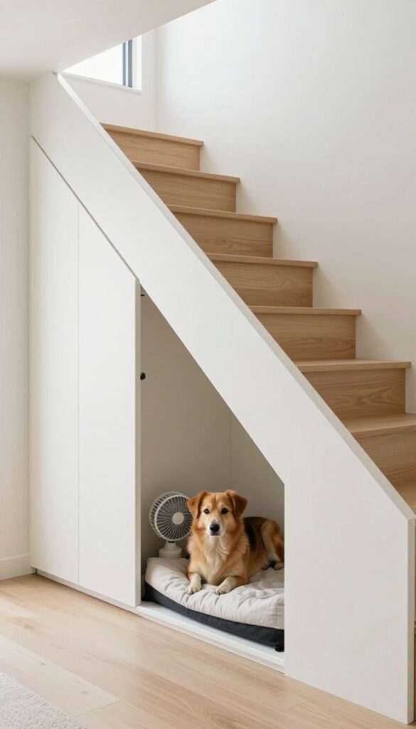 Hidden dog kennel behind a cabinet door under stairs, modern home interior