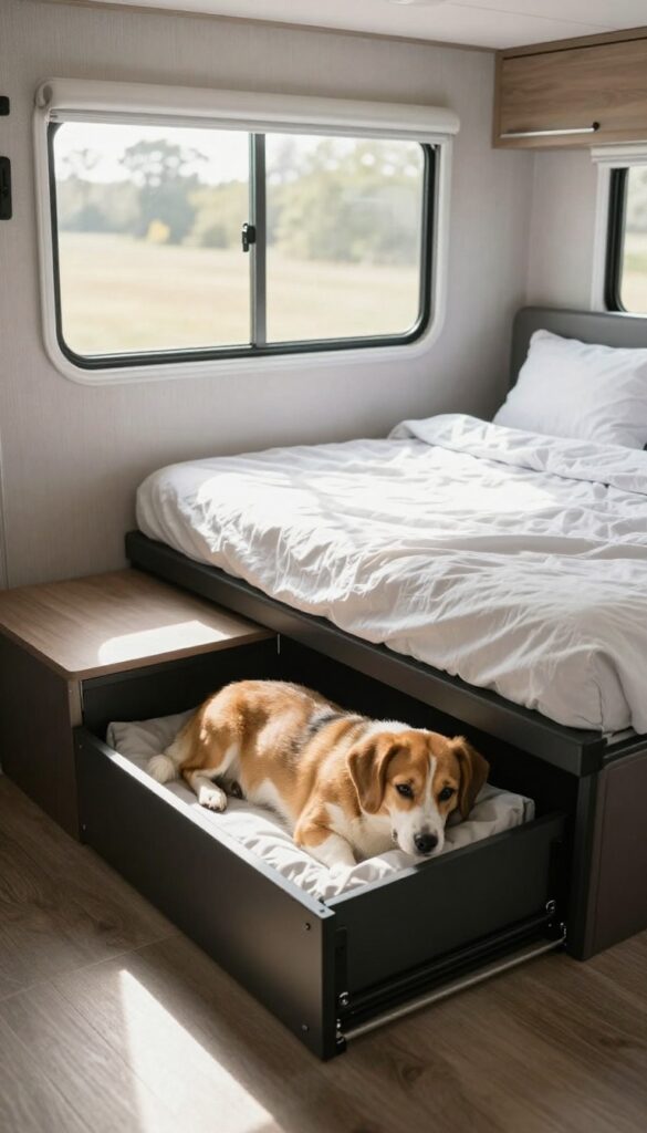 Under-bed pull-out dog kennel in an RV, partially open with a dog inside, bright natural light, clean minimalist interior.