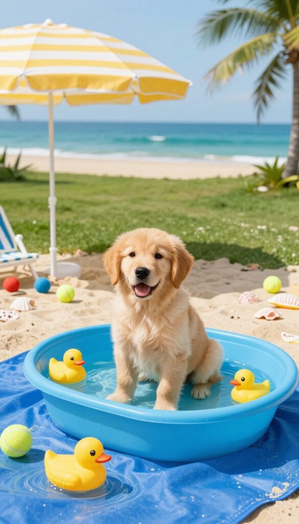 Golden retriever puppy in a kiddie pool with floating toys, sandbox, and beach umbrella in a backyard beach-themed dog birthday party setup.