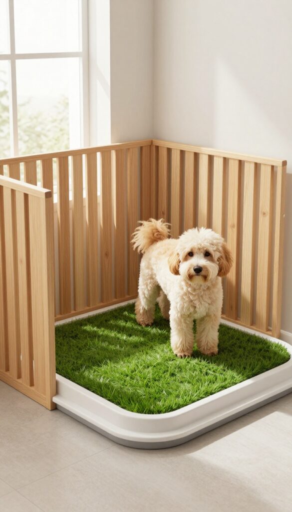 Indoor potty patch area with synthetic grass pad, waterproof mat, and wooden privacy screen in a bright, modern room.
