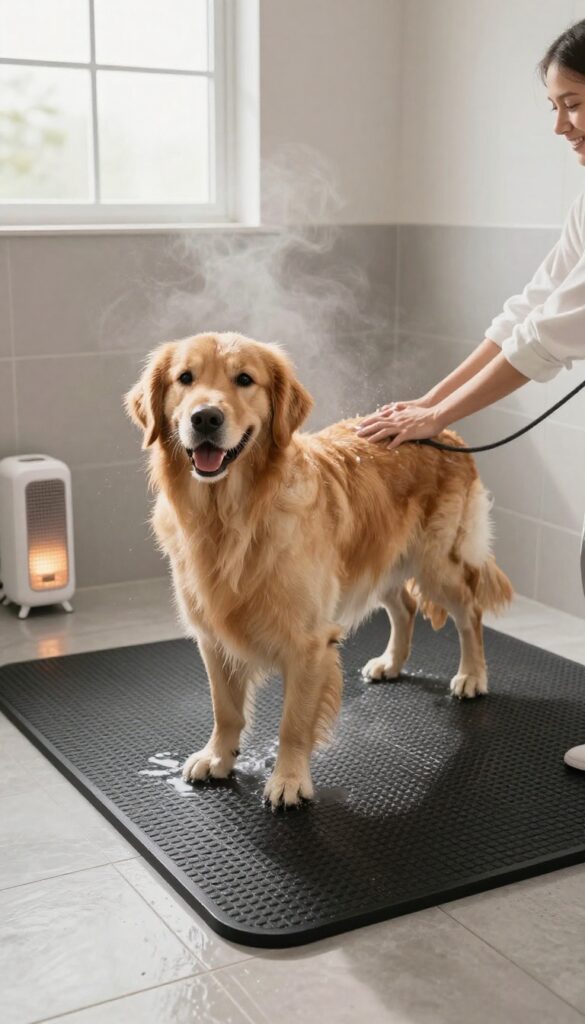 Dog standing on warm heated floor in a bright dog wash room with space heater nearby, owner drying dog with towel