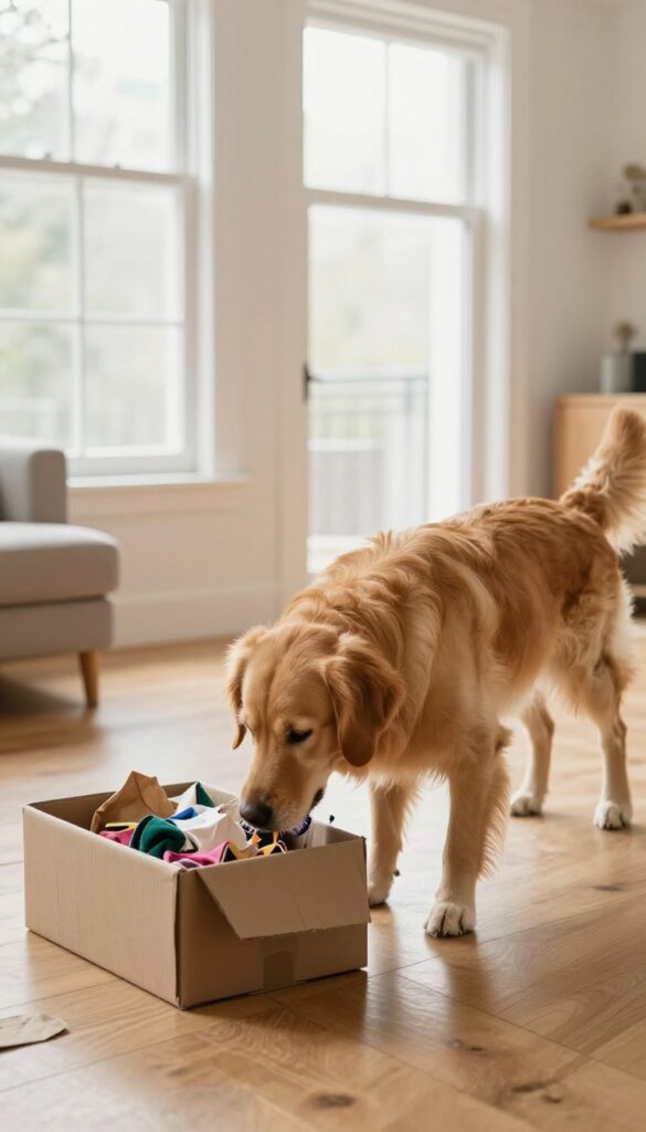 A golden retriever sniffing and pawing at a cardboard box filled with crumpled paper and fabric scraps indoors.