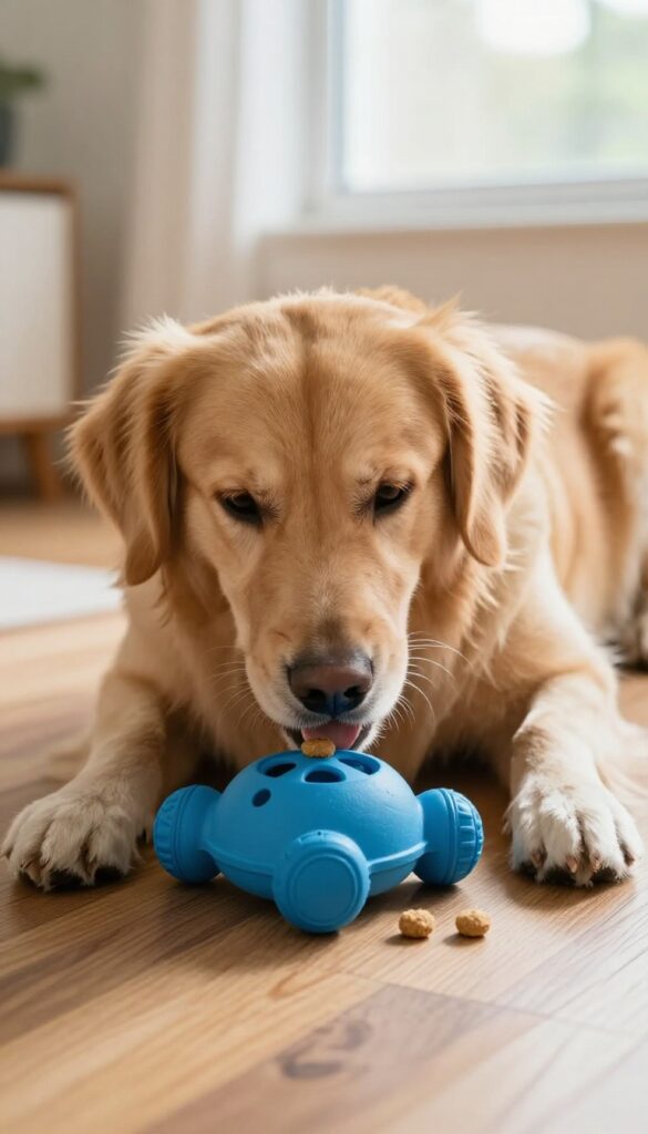 Golden retriever solving a treat-dispensing puzzle toy on a sunny hardwood floor