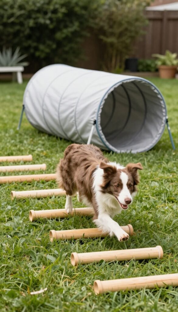 Border Collie running through a DIY backyard agility course with jumps, weave poles, and a tunnel in bright sunlight.