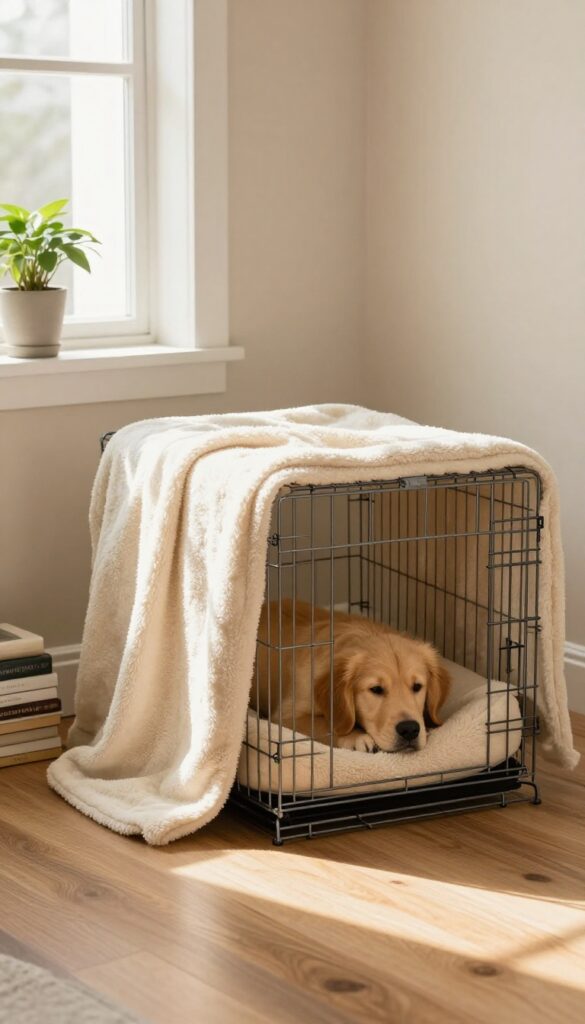 A dog crate decorated with a soft throw blanket, with a golden retriever puppy resting inside, in a bright and cozy living room.