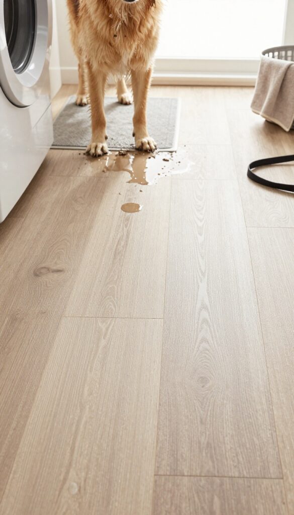 Dog standing on mud-proof luxury vinyl plank floor in laundry room with wet paws and water droplets.