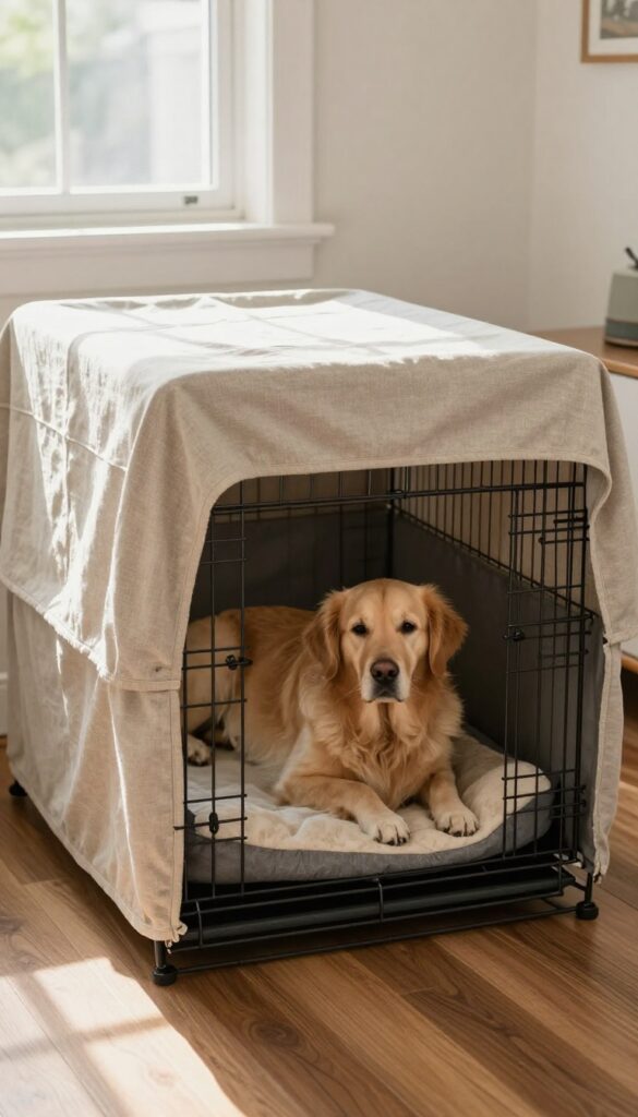 Large wire dog crate with a washable cover in a bright living room, dog resting inside