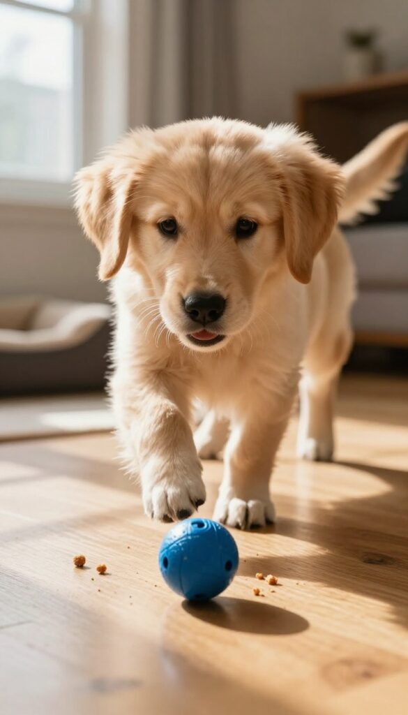 Golden retriever puppy chasing a blue treat-dispensing ball on a hardwood floor, kibble scattering, warm natural light.