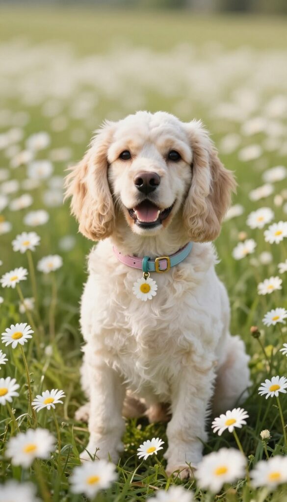 A happy white dog sitting among daisies in a sunny meadow, wearing a pastel collar with a daisy charm.