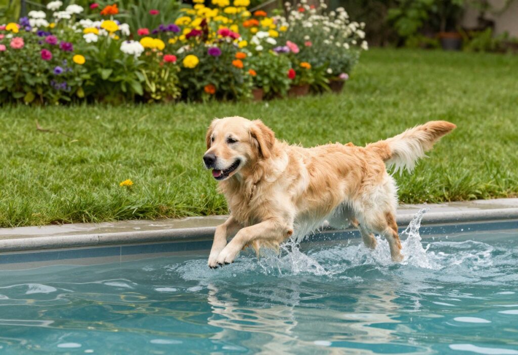 Happy golden retriever playing in a dog-friendly backyard with a pool and shade