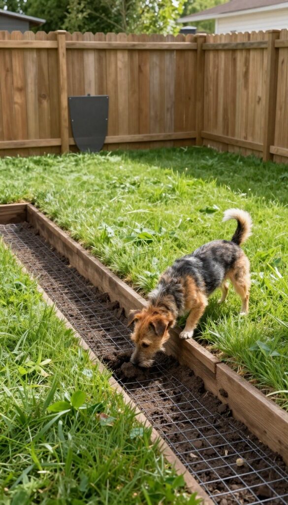 Wooden fence with buried dig shield and terrier dog sniffing barrier in sunny backyard