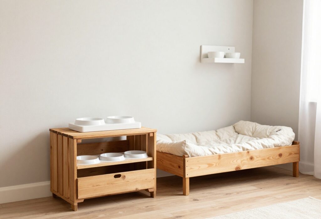 Cozy DIY dog room with crate end table, feeding station, and toy storage