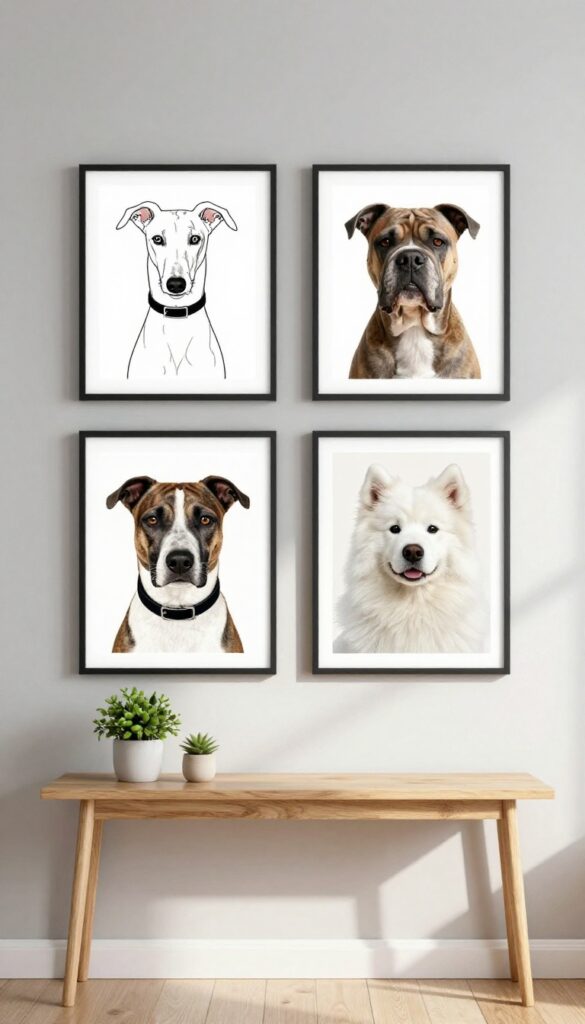Three framed breed-specific dog prints on a living room wall, including a Greyhound, Samoyed, and Bulldog, with natural light and a console table below.