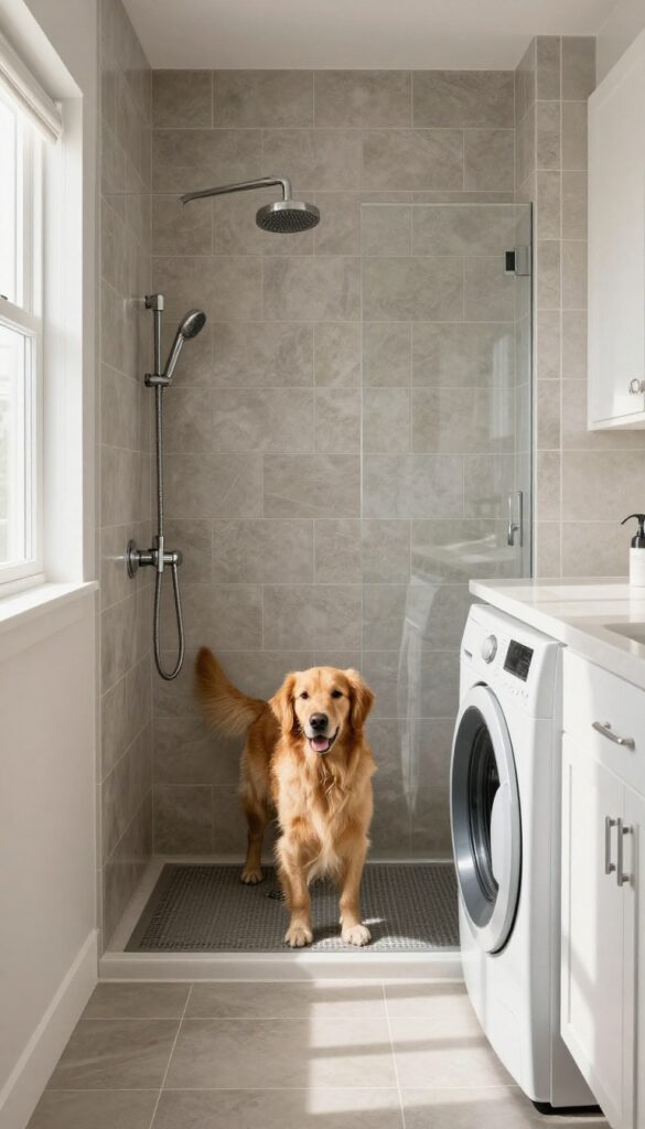 Built-in dog shower nook with tile backsplash and floor drain in a laundry room