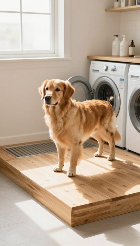 Dog standing on raised platform with drain grate in laundry room
