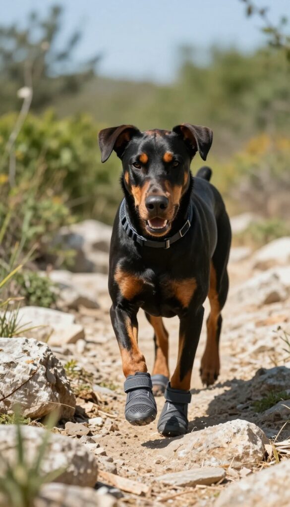 Dog wearing performance boots running on a rocky trail