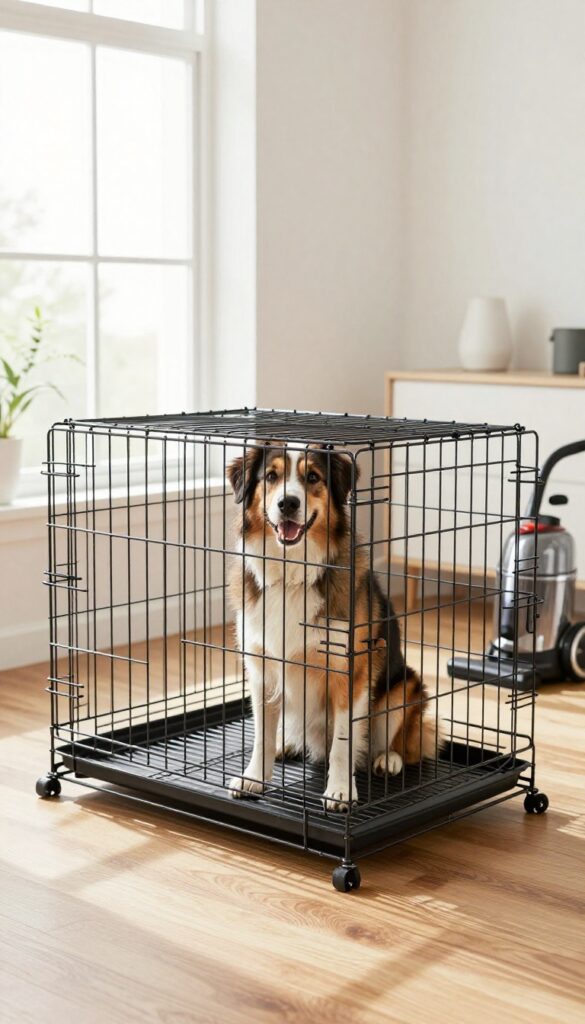 Large dog crate on casters on hardwood floor with dog inside, natural light, clean home