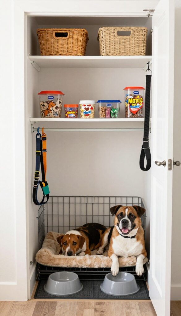 Multi-purpose dog closet command center with crate, feeding station, and storage shelves