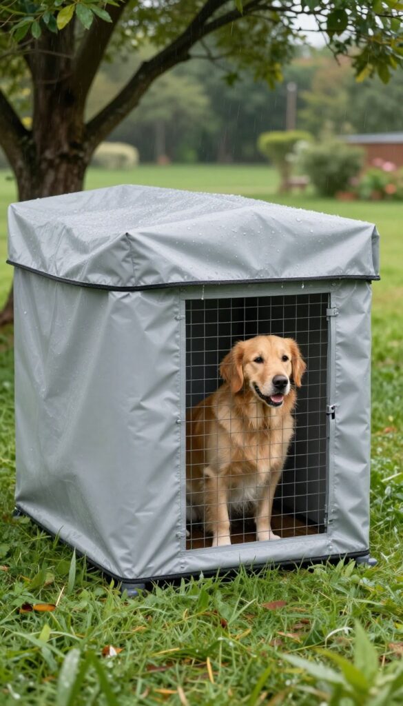 Waterproof vinyl cover on dog kennel in rainy yard, keeping inside dry