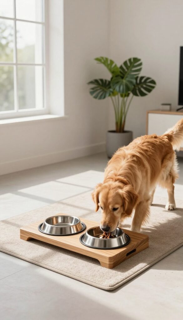 A dog eating from a raised feeder on a washable mat in a bright, modern living room