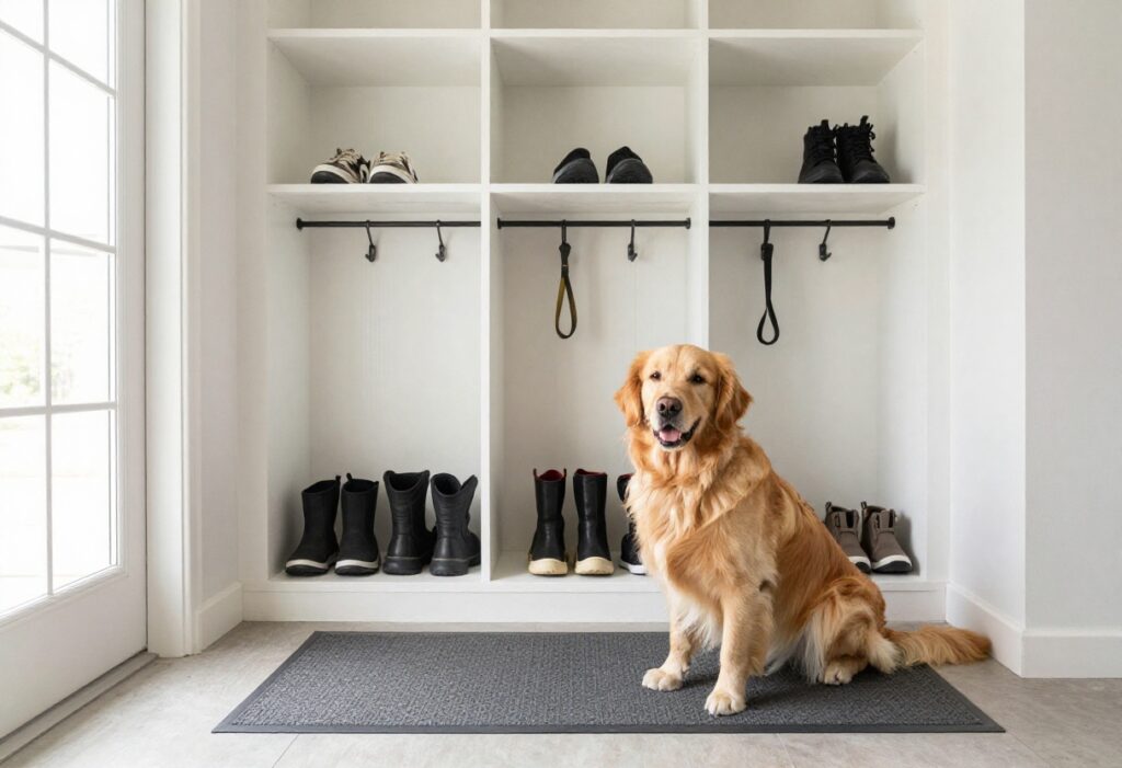 Dog mud room with wash station, hooks, and boot tray, featuring a golden retriever
