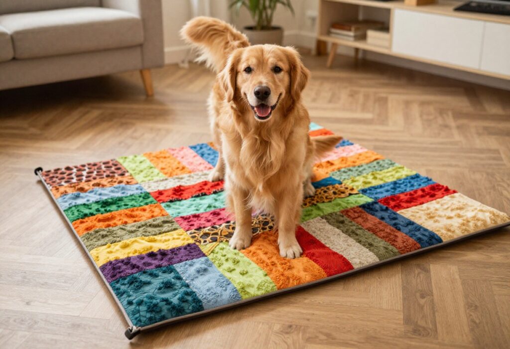 Golden retriever using a DIY snuffle mat for dog enrichment