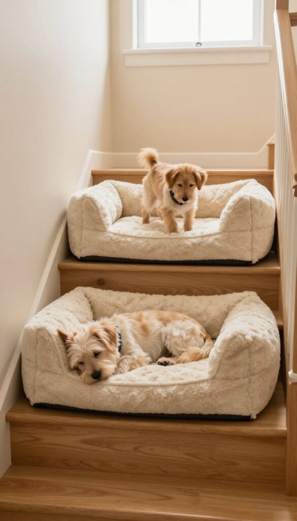 Cozy under-stair dog nook with two stacked beds and a ramp, two small dogs, one sleeping on lower bed and one climbing ramp to upper bed