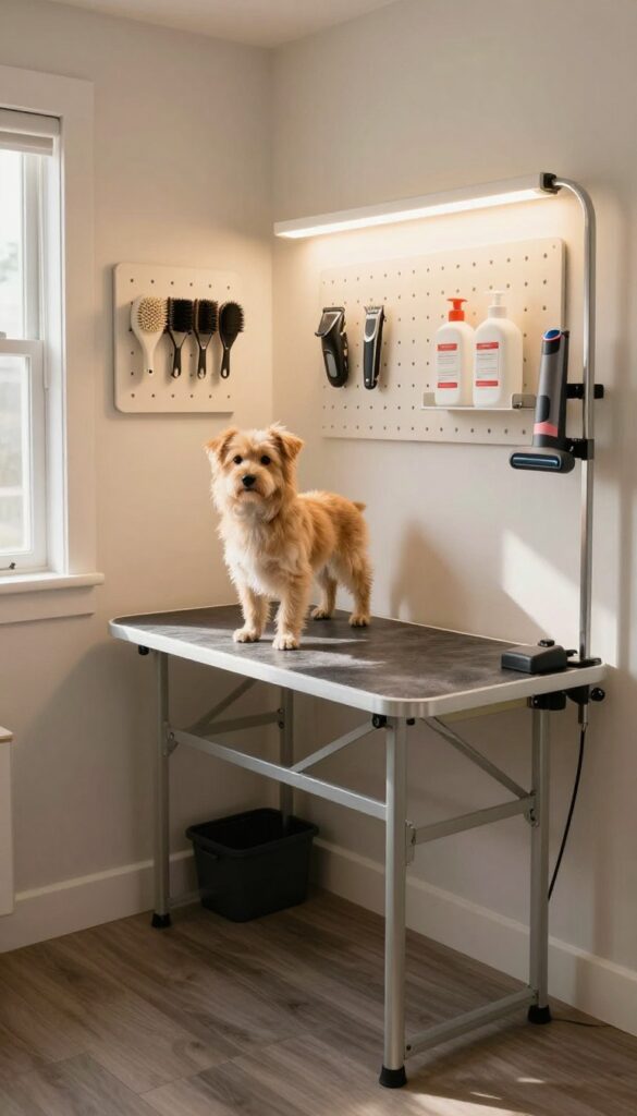 Under stairs dog grooming station with fold-out table, pegboard, and LED lighting