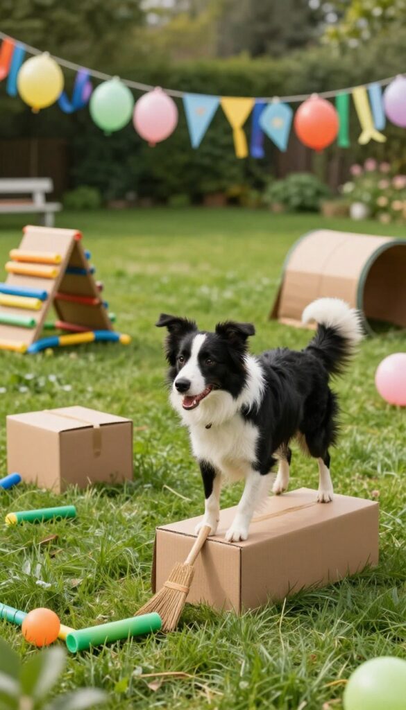 Dog jumping over a broomstick hurdle in a DIY agility course at a backyard birthday party