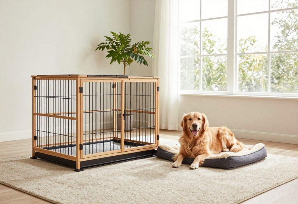 Large wooden dog crate in a living room with a Golden Retriever sitting inside on a bed.