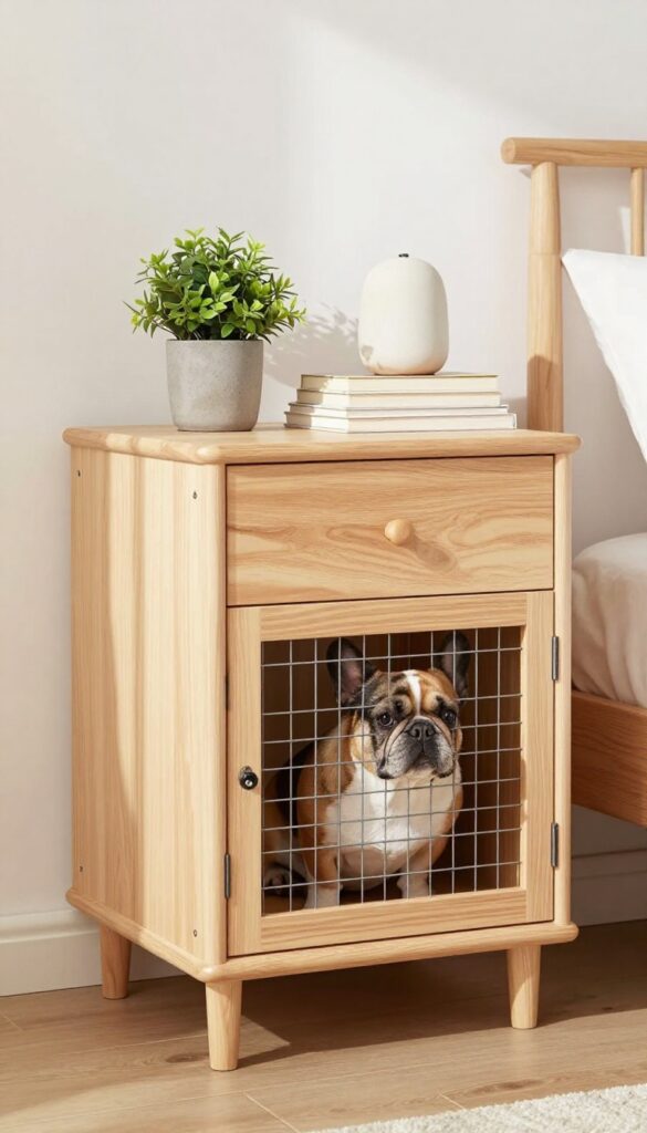 Repurposed nightstand dog crate with a small dog peeking out, top surface with lamp and plant, bright bedroom setting