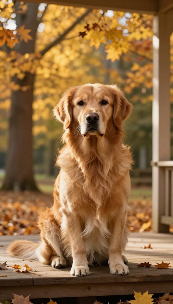 Golden retriever with reddish-gold coat sitting on autumn porch, warm sunlight, cozy atmosphere
