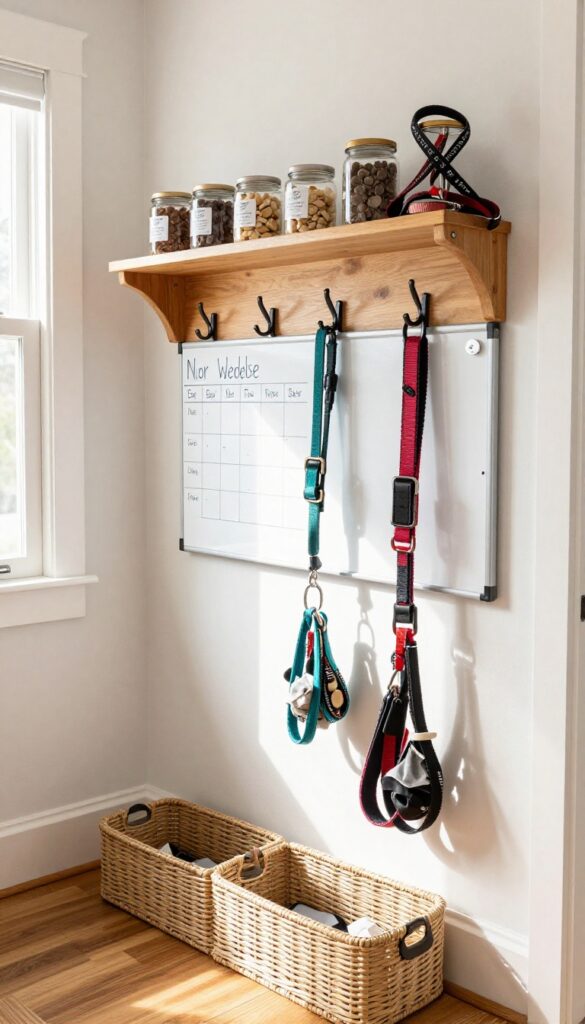 Dog command center with calendar and leash hooks in a tidy mudroom