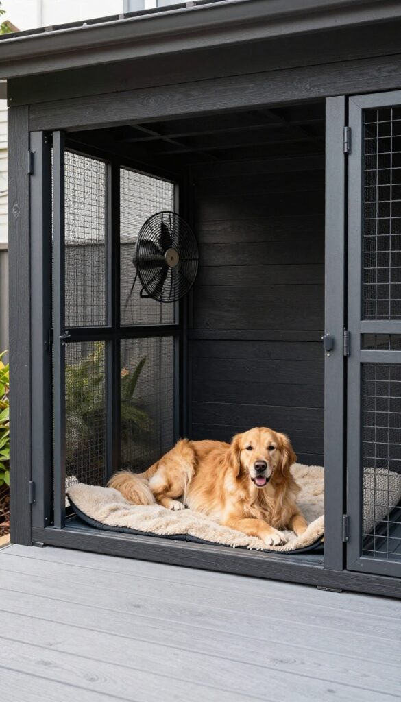 Outdoor patio kennel with roof, composite decking, and golden retriever resting inside