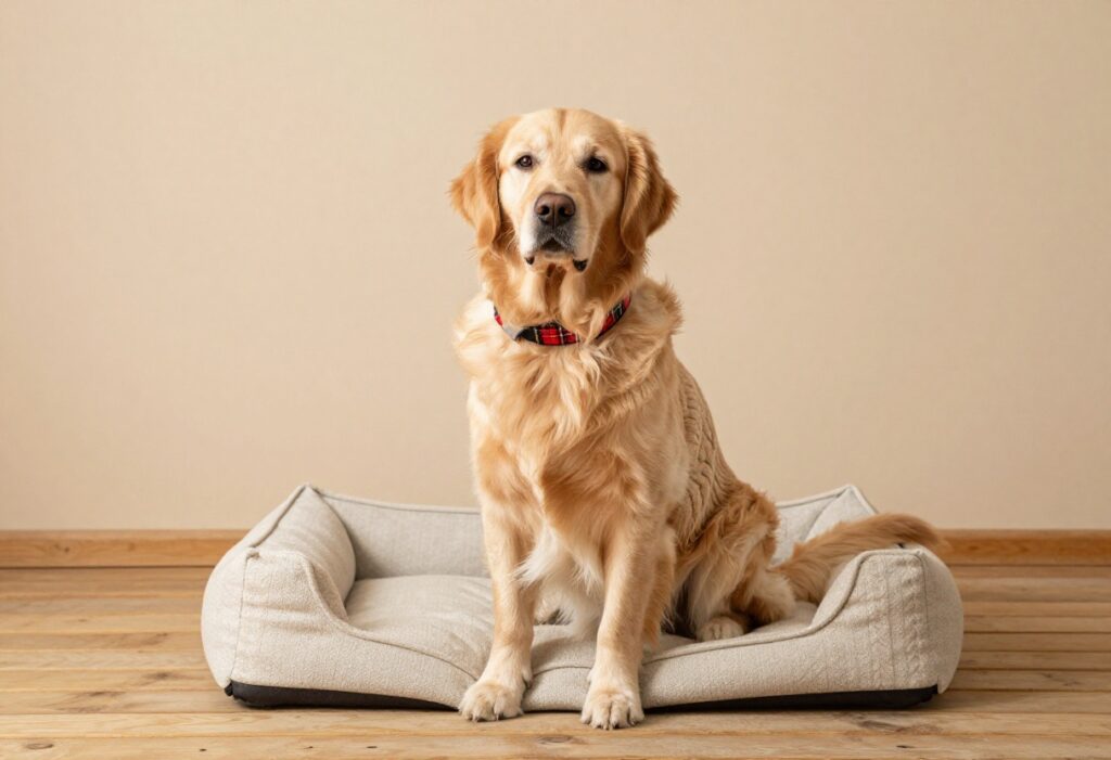 Golden retriever wearing preppy tartan collar and cable knit sweater on wooden porch with monogrammed bed