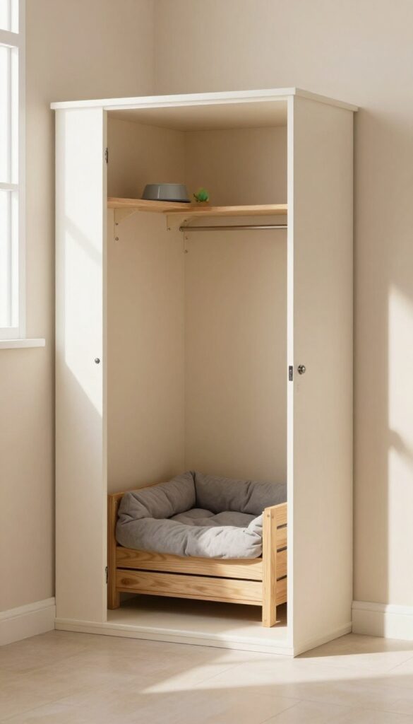 Closet conversion kennel with a crate, bed, water bowl, and toy inside a small closet, natural light, clean and cozy.