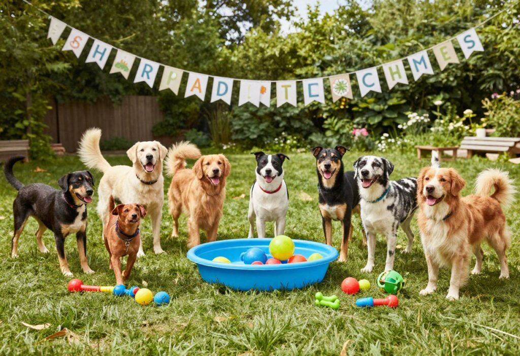Group of dogs playing in a backyard with toys and a kiddie pool at a dog party