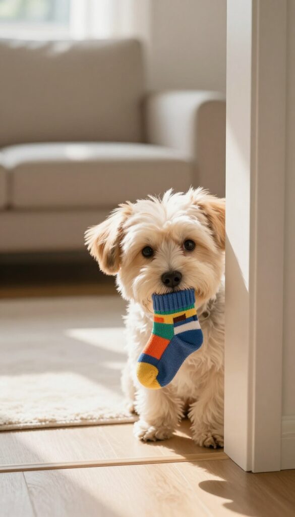 Small fluffy dog with mischievous expression peeking around corner holding a sock in bright natural light