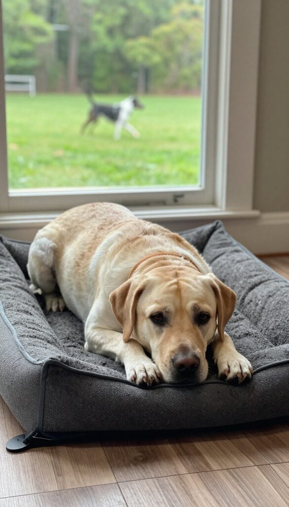 A tough but tender dog resting on a durable crate pad after outdoor play, embodying the Rocky name.