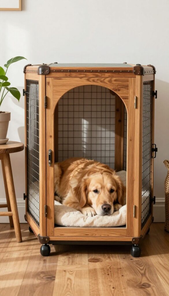 Vintage trunk dog crate with Golden Retriever inside in a bright room