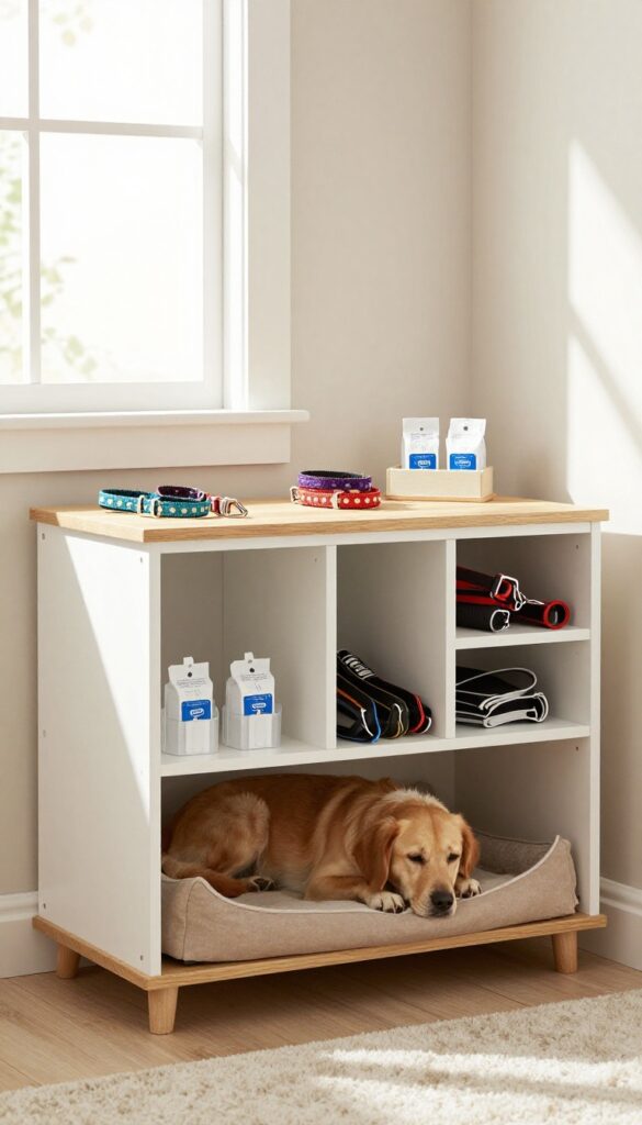 Dog crate with a wooden topper featuring built-in bins for storing collars and leashes, in a bright living room.