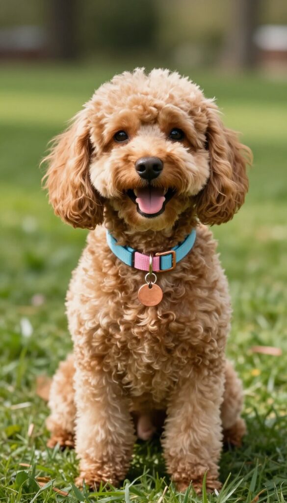 A golden dog with a copper tag on a light blue collar sitting in a sunny park