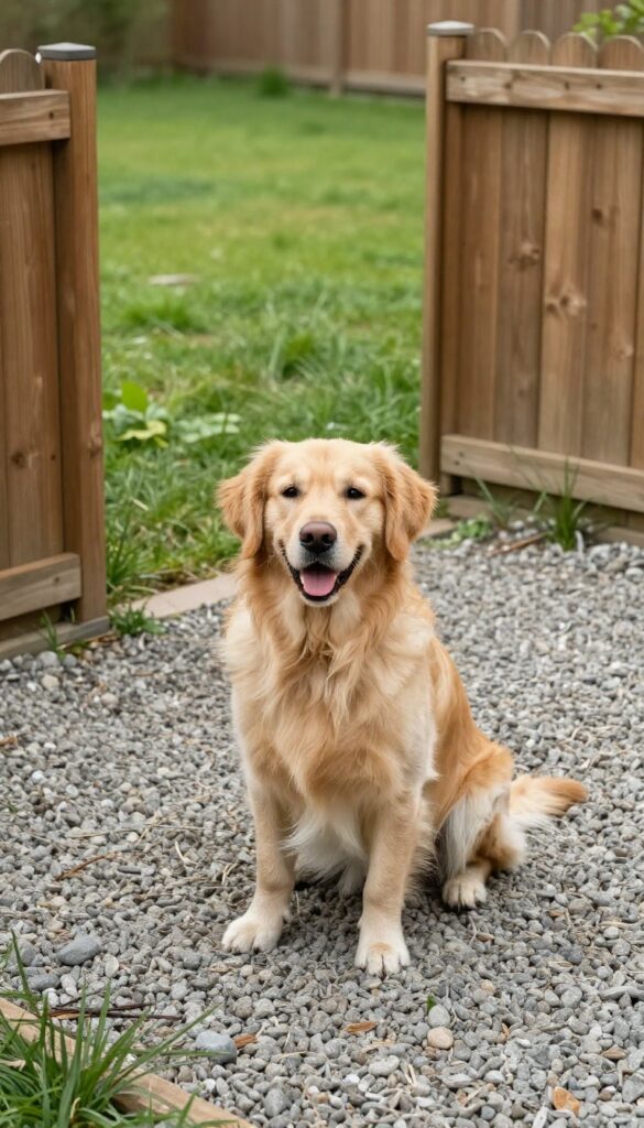 Outdoor dog kennel with gravel base, mud-free zone for rainy weather