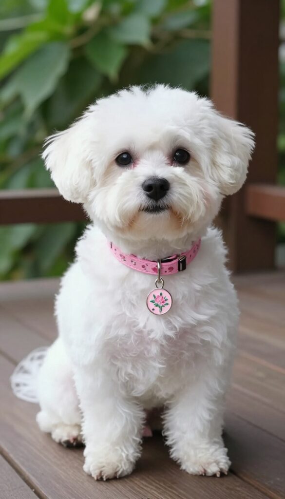 Small white dog with a floral patterned collar charm in natural light, photorealistic style