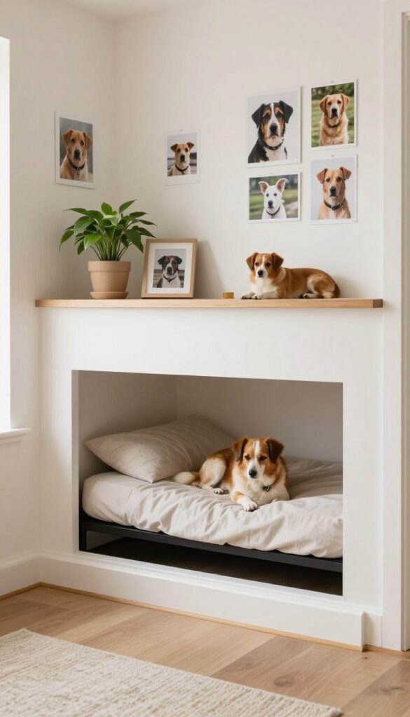 Built-in dog cubby with wall art in a cozy living room corner