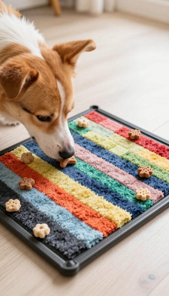 Dog sniffing a DIY snuffle mat with hidden treats