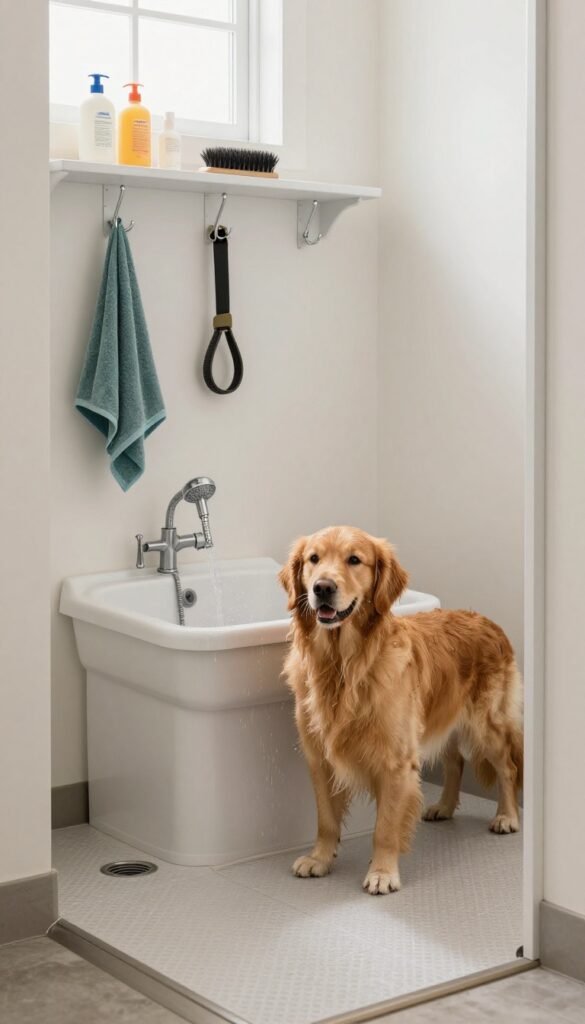 Dog mudroom wash station with handheld sprayer, non-slip floor, and organized hooks and shelf